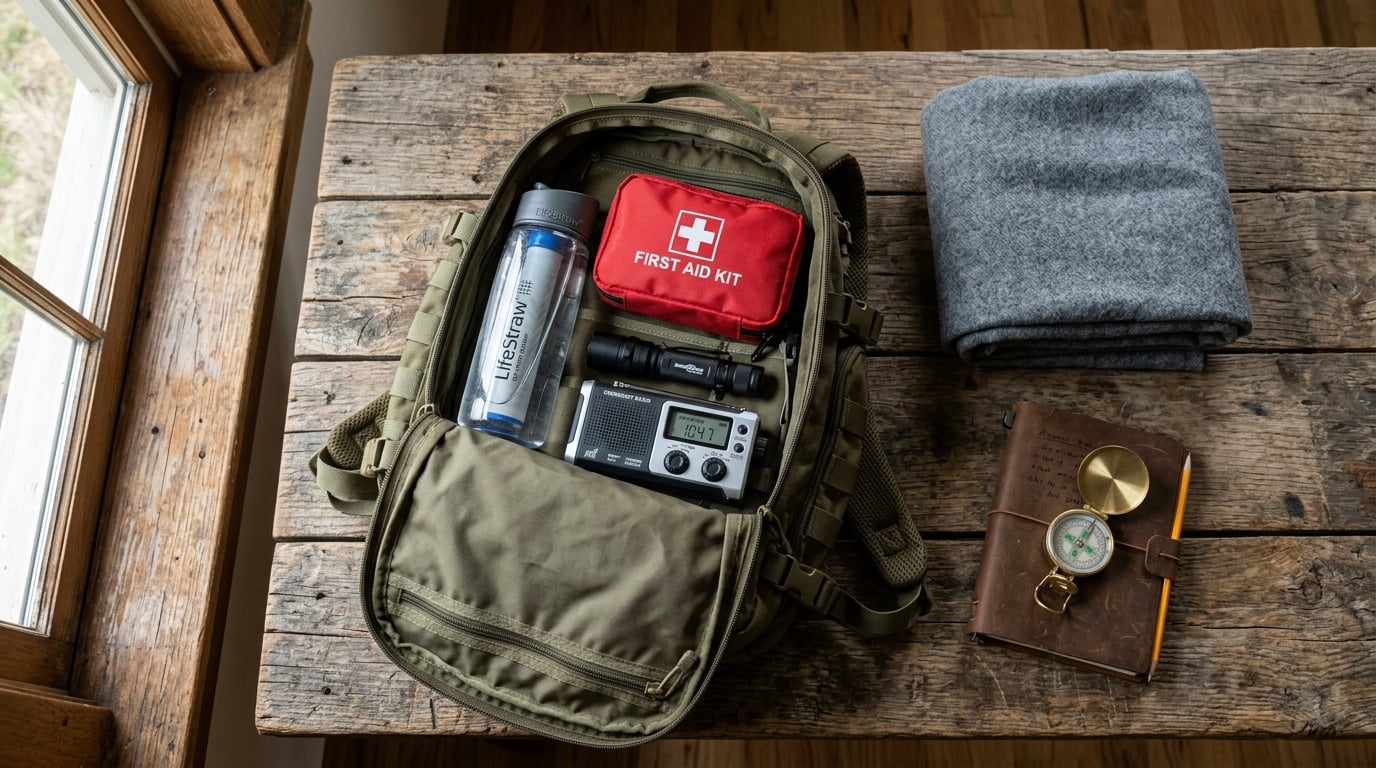 Neatly organized emergency preparedness kit laid out on a wooden table with backpack, water filter, first-aid kit, radio and blanket
