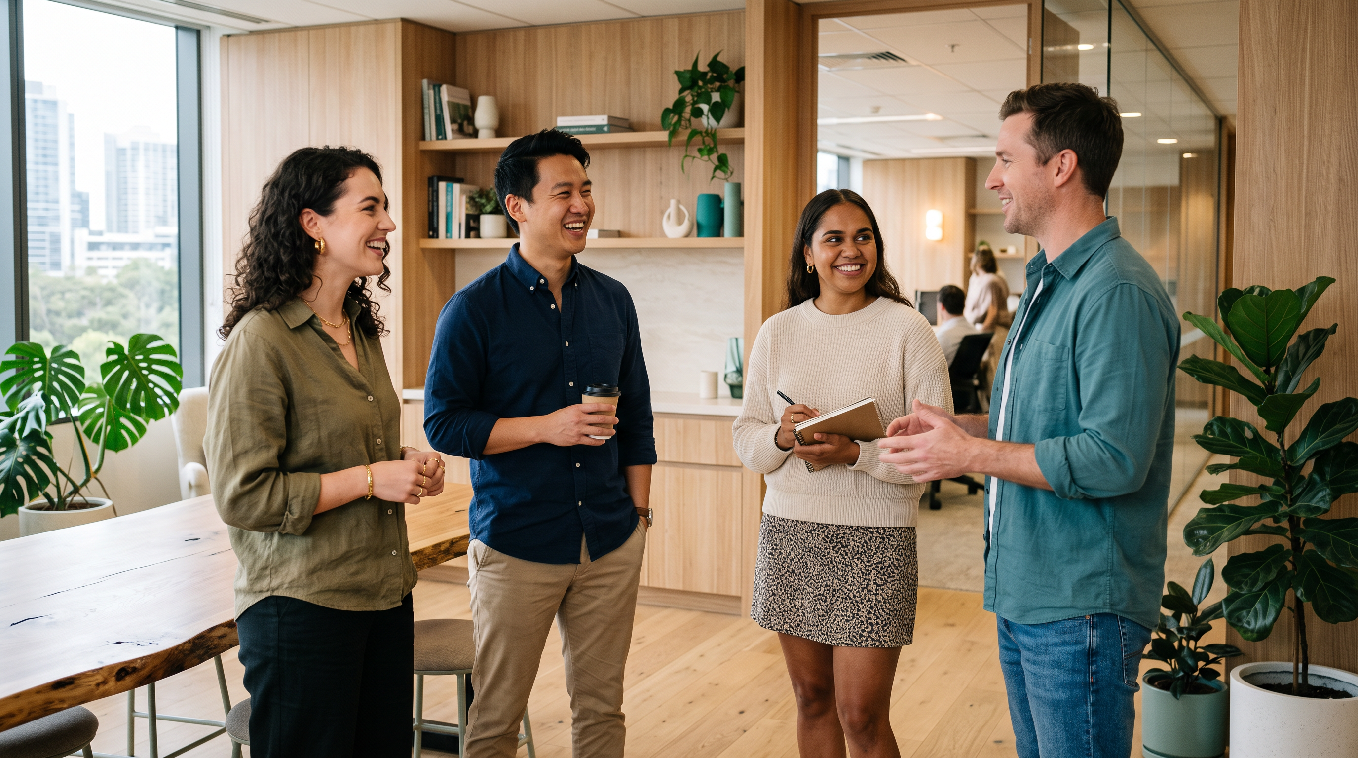 A diverse Australian team in a relaxed stand-up meeting in a warm modern office