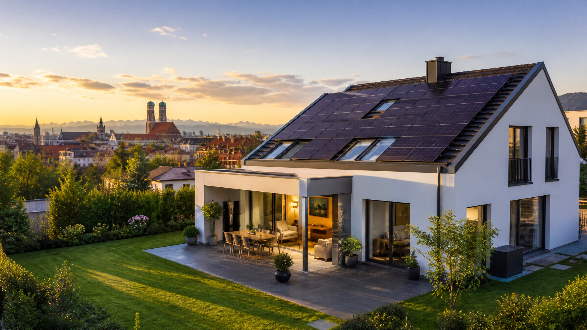 Modernes Haus mit Solaranlage und Münchner Skyline
