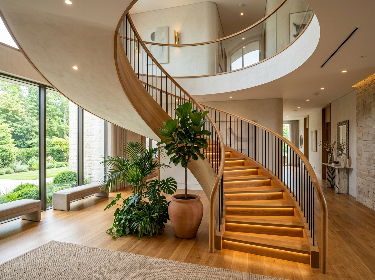 Beautiful staircase with hardwood floors by TileTX