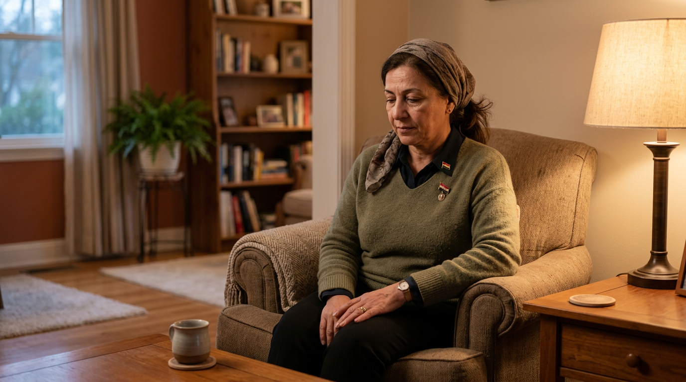 Middle Eastern woman veteran in her 50s sitting quietly in a calm room, contemplative, in warm light