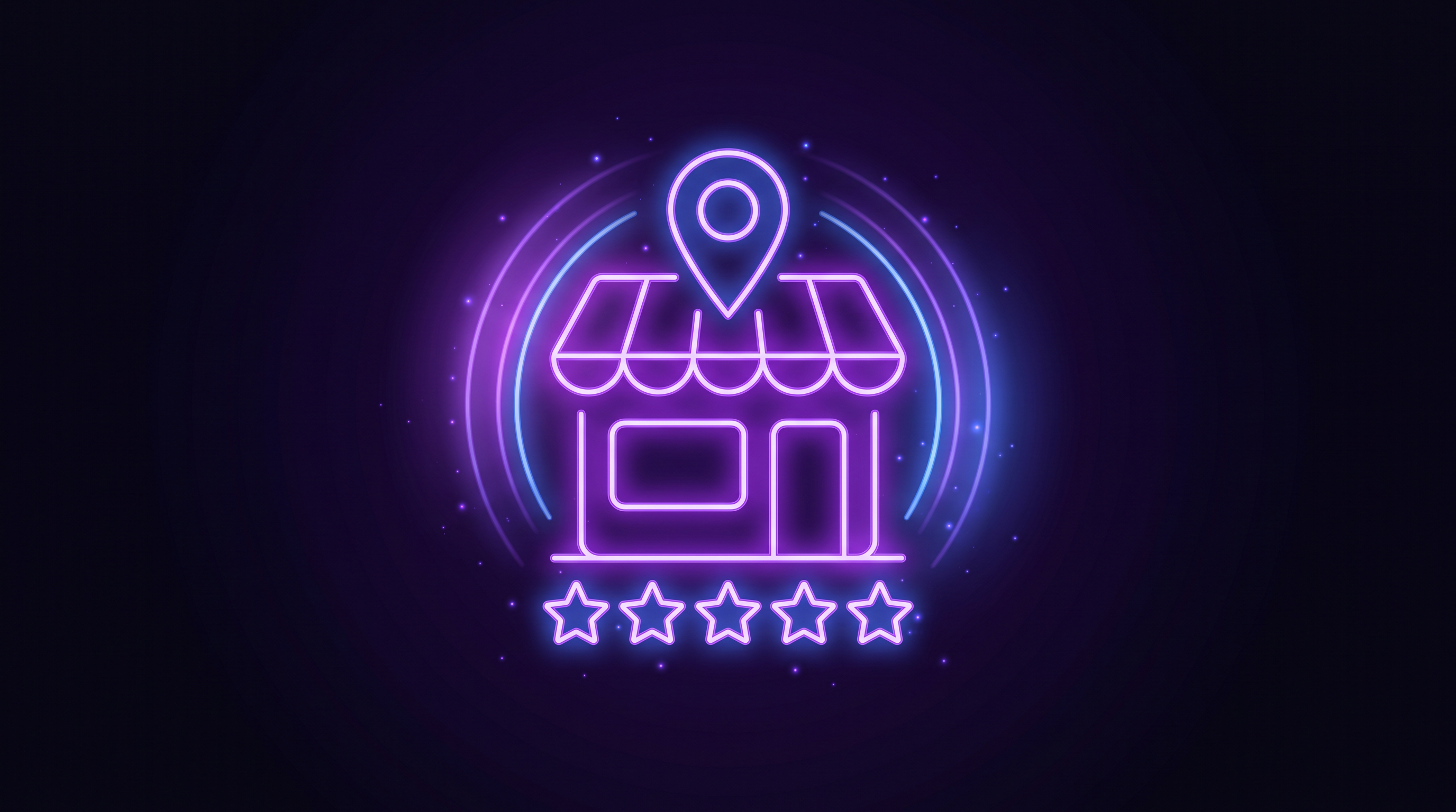 Purple neon storefront with a striped awning, a map pin above it and a row of five stars beneath
