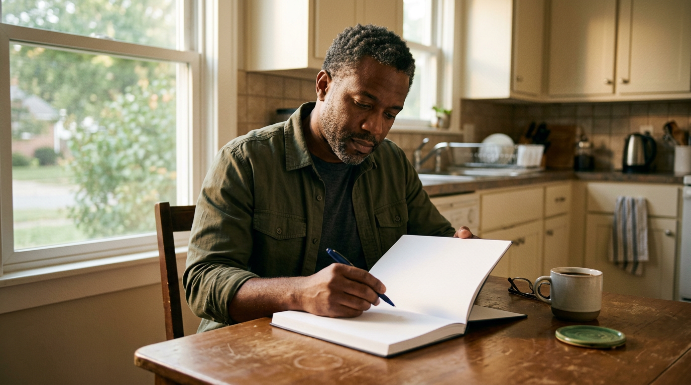 Black male veteran sitting at a kitchen table writing in a blank notebook as a voiding diary