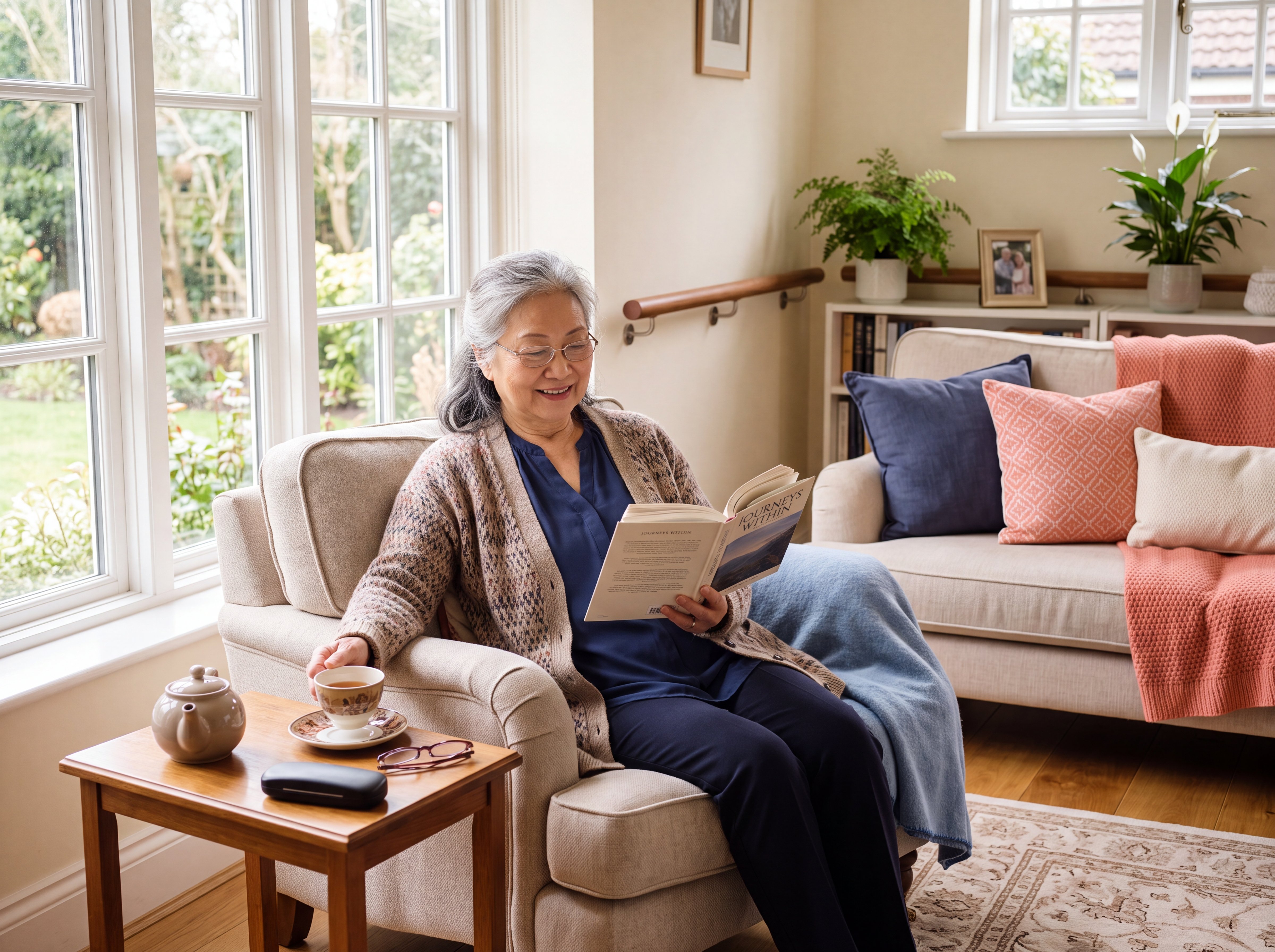 A senior Asian woman relaxing comfortably and safely in her bright, tidy living room