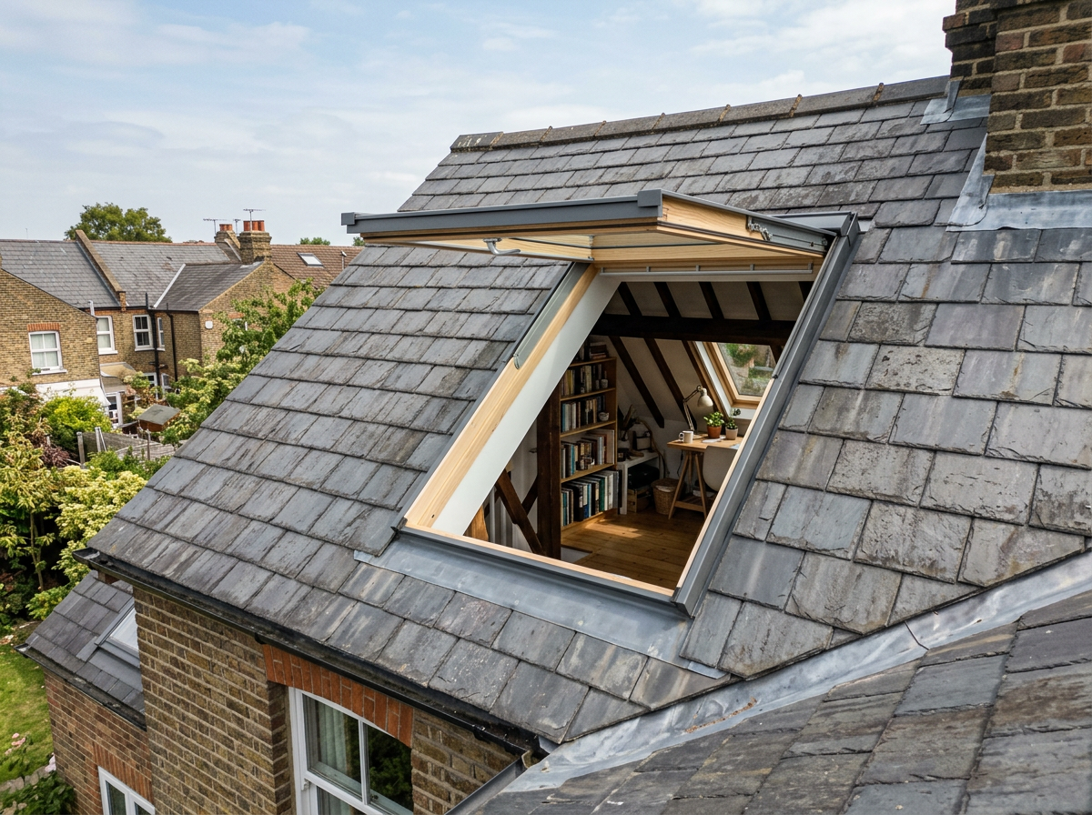 Open roof window in a slate roof above a loft room