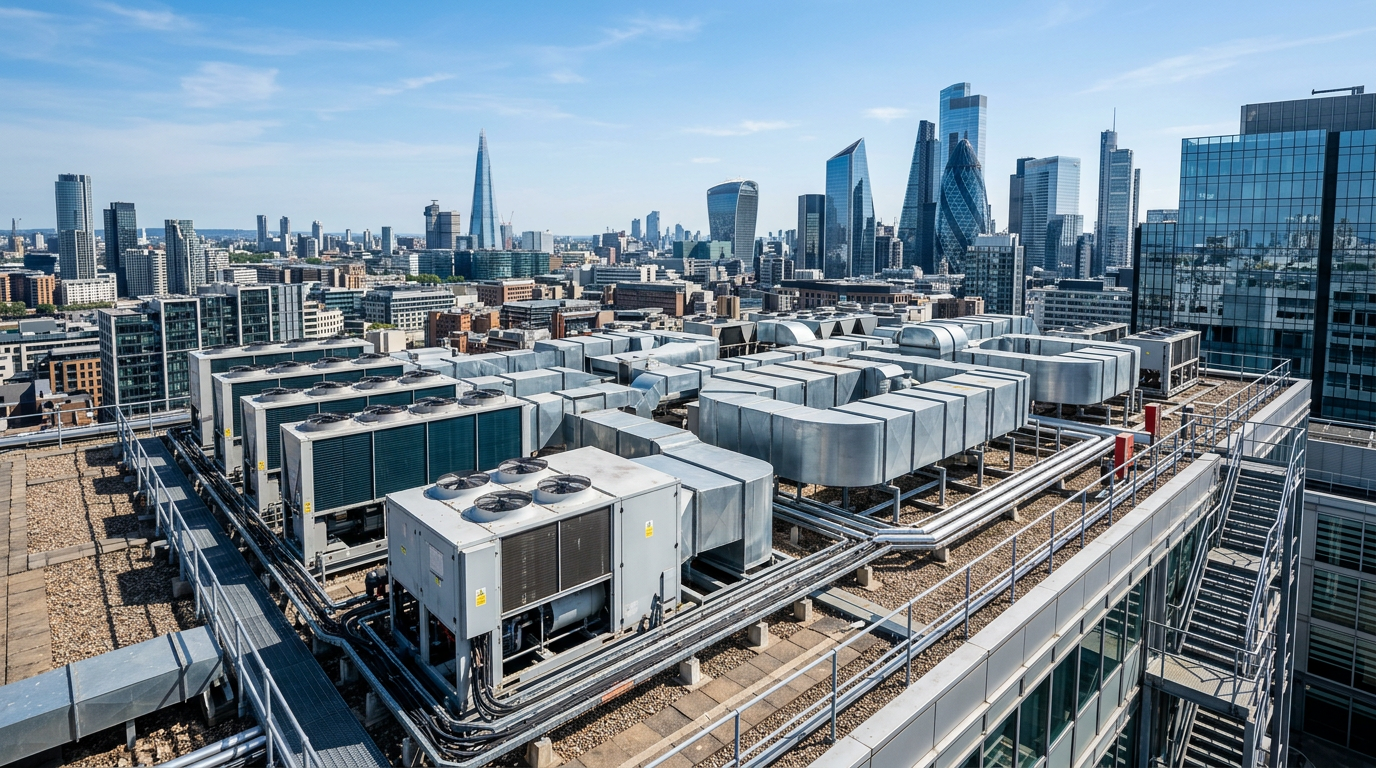 Commercial building rooftop with HVAC systems