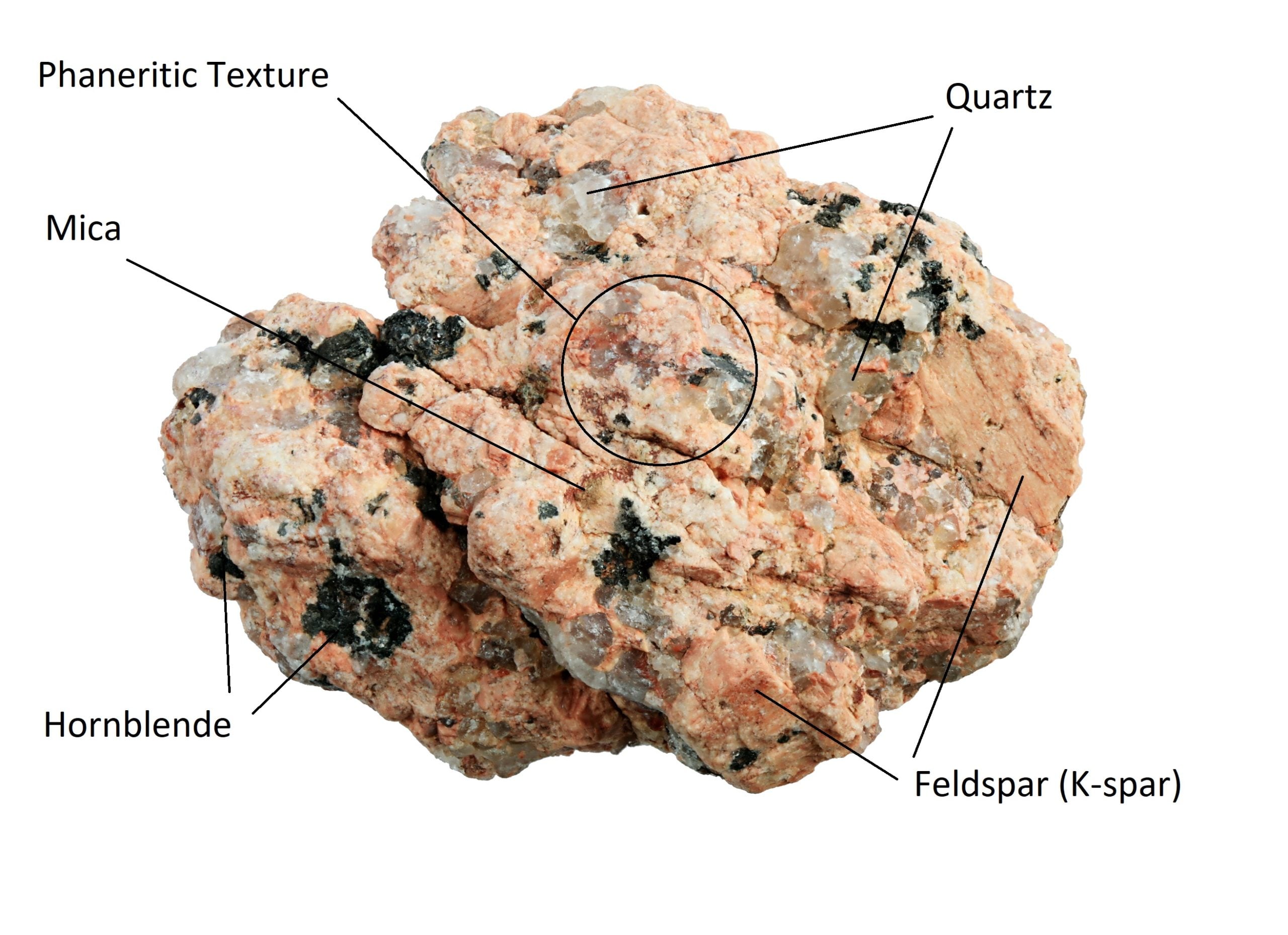 A close-up of coarse-grained granite rock with visible crystals