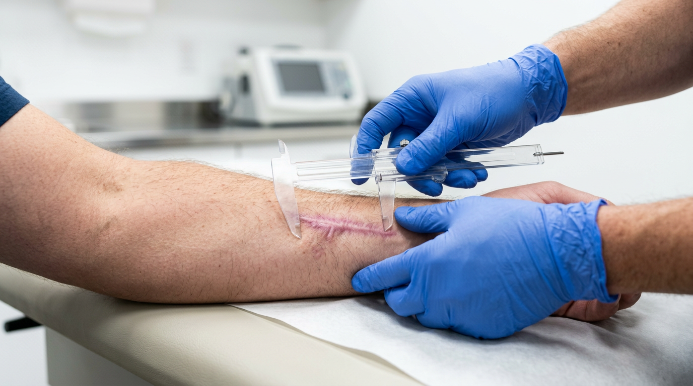 Close-up of clinician hands in blue gloves using a caliper to precisely measure the width of a scar on a patient forearm in a clinical setting
