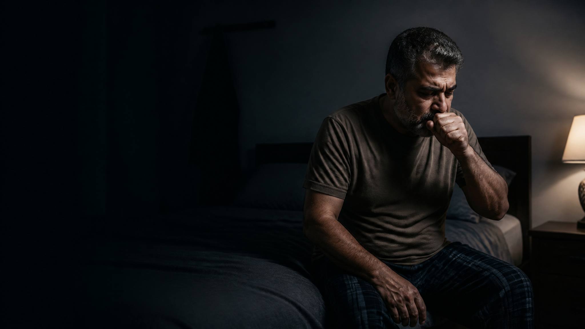A Middle Eastern male veteran in his 50s sitting up on the edge of a bed at night coughing into his fist in dark moody lighting