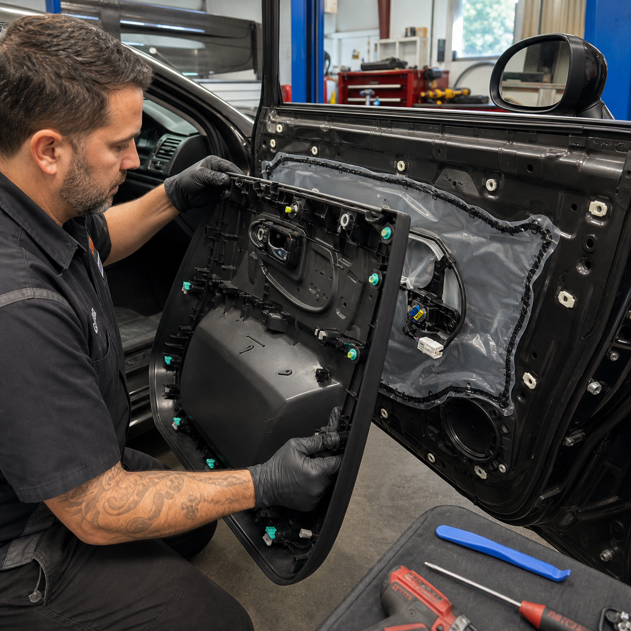Mecánico removiendo panel de puerta de auto mostrando clips y remaches