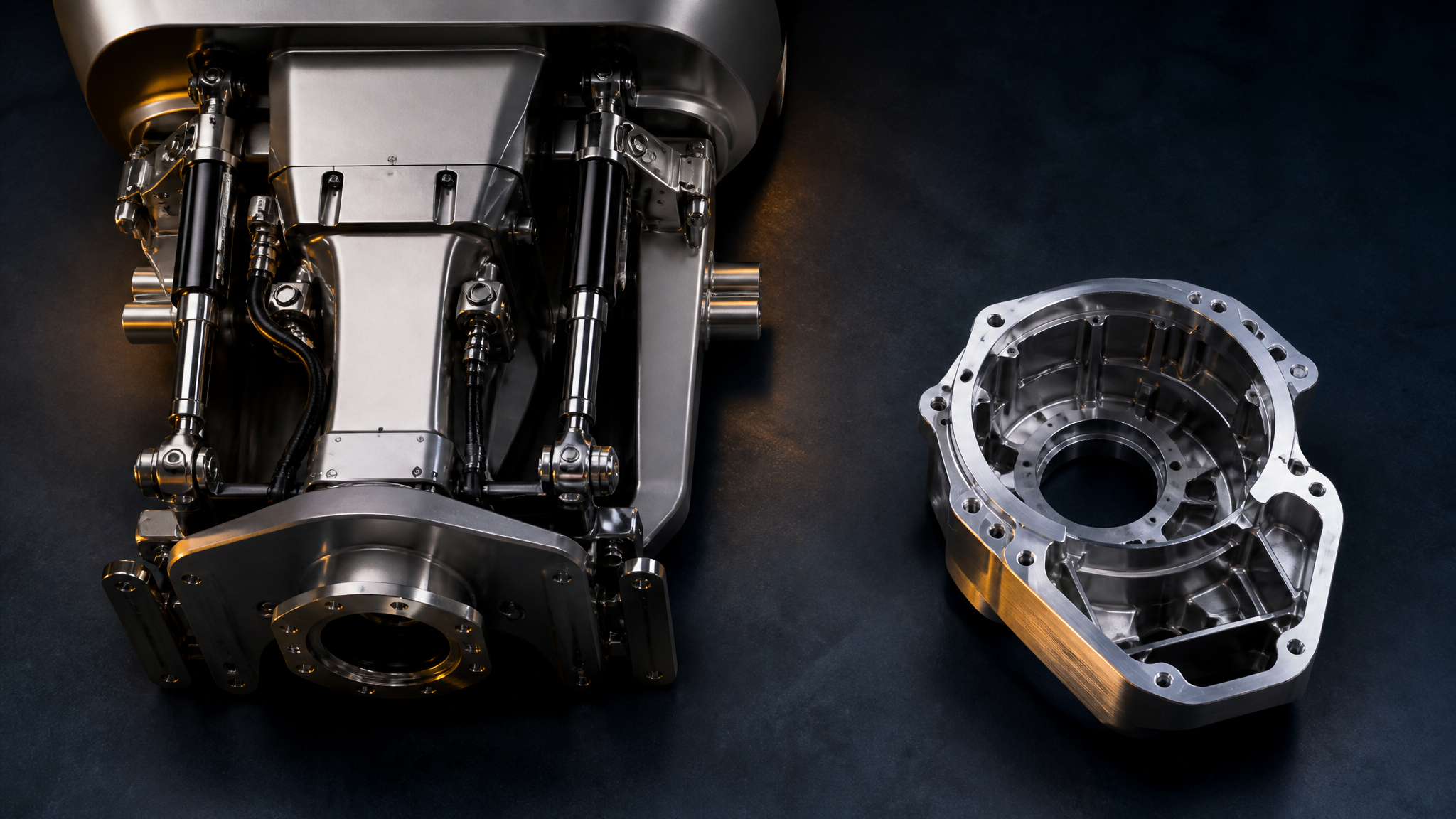 Complete marine transom assembly beside an individual gimbal housing for component comparison