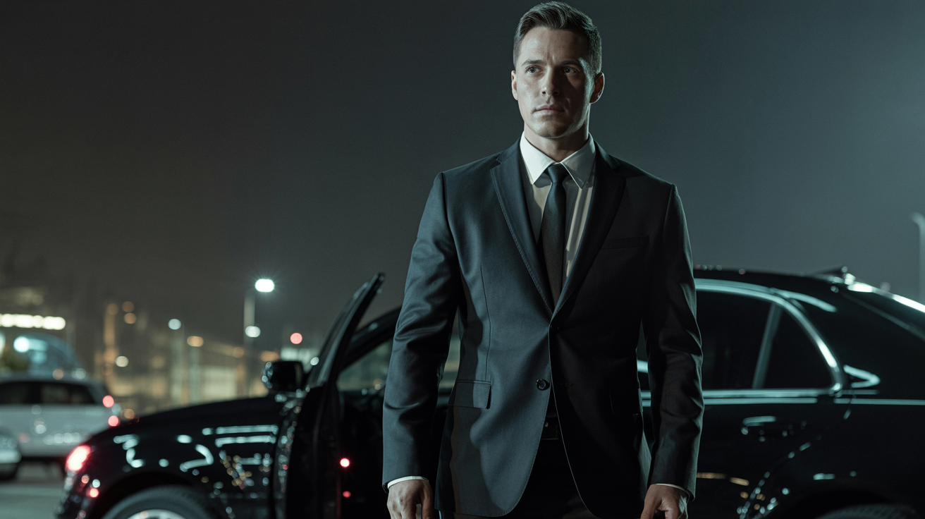 Professional close protection operative beside luxury vehicle