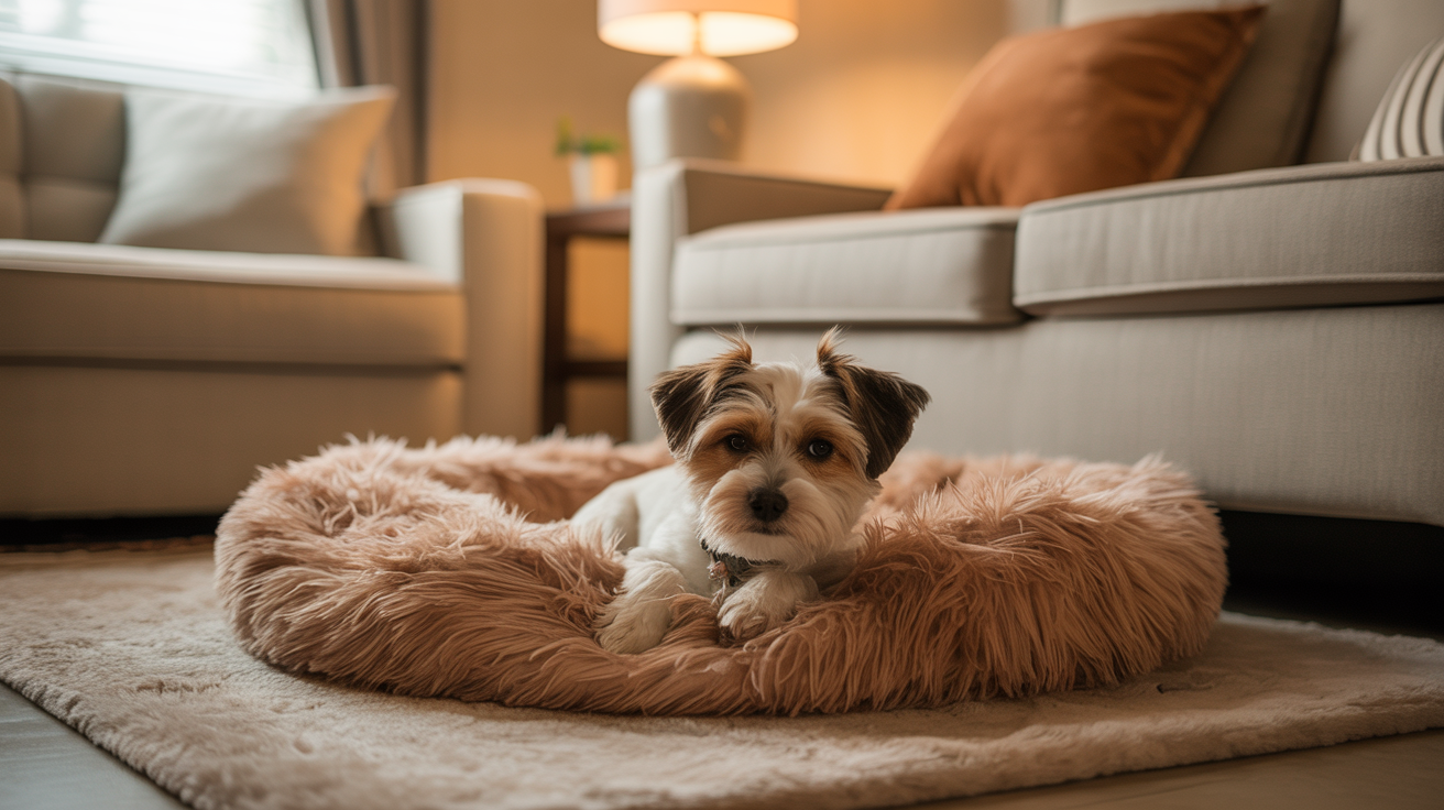 Маленькая собачка уютно отдыхает на лежанке в доме