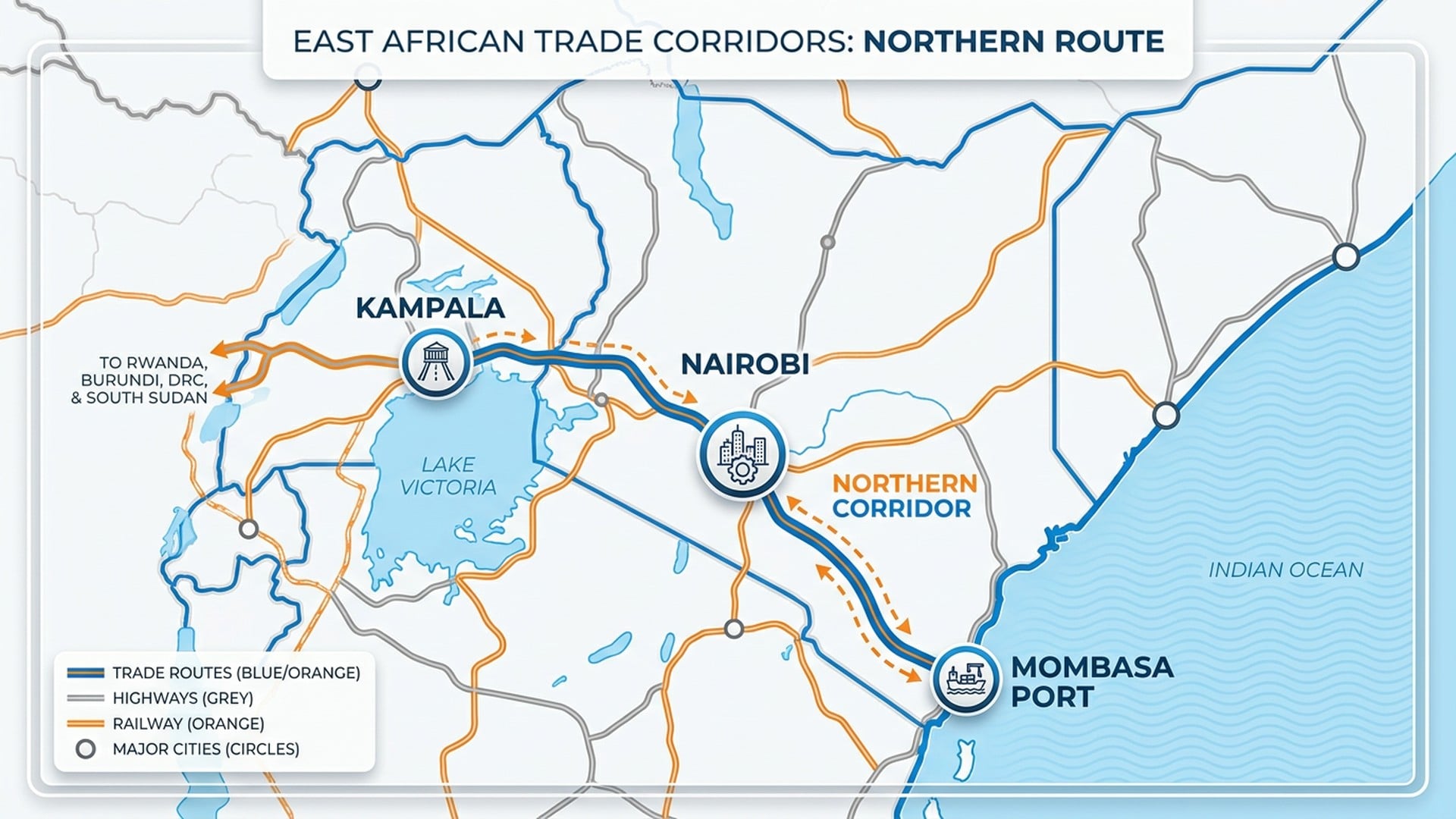 East African trade corridor map showing Mombasa, Nairobi, and Northern Corridor routes