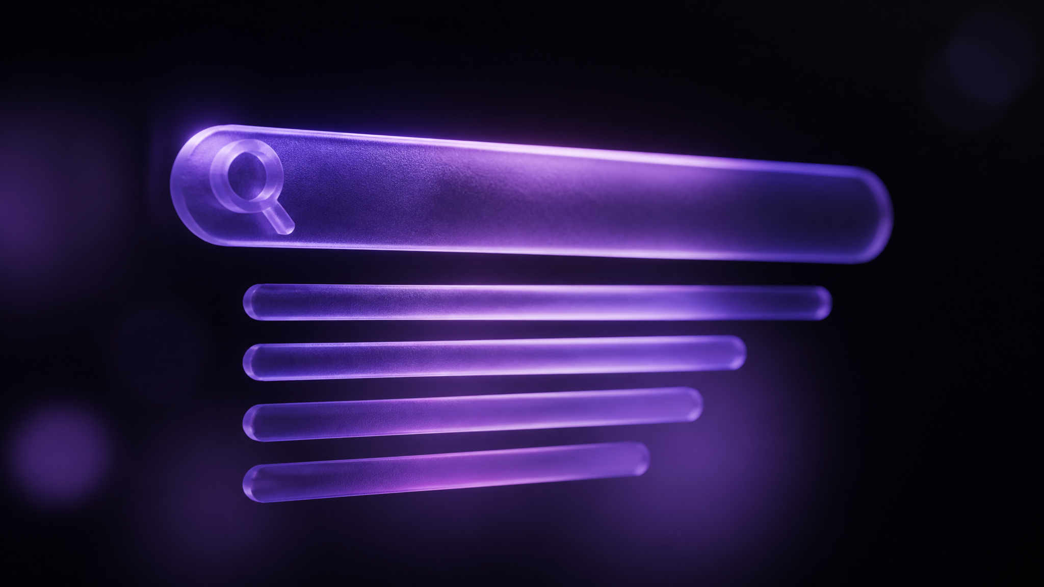 A violet frosted-glass search bar with glowing query lines beneath it in the dark