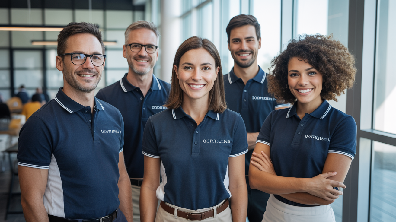 Equipe profissional em polos corporativos
