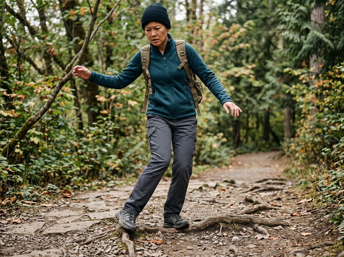 An Asian woman veteran walking cautiously on an uneven outdoor trail, her ankle turning slightly on the rough surface