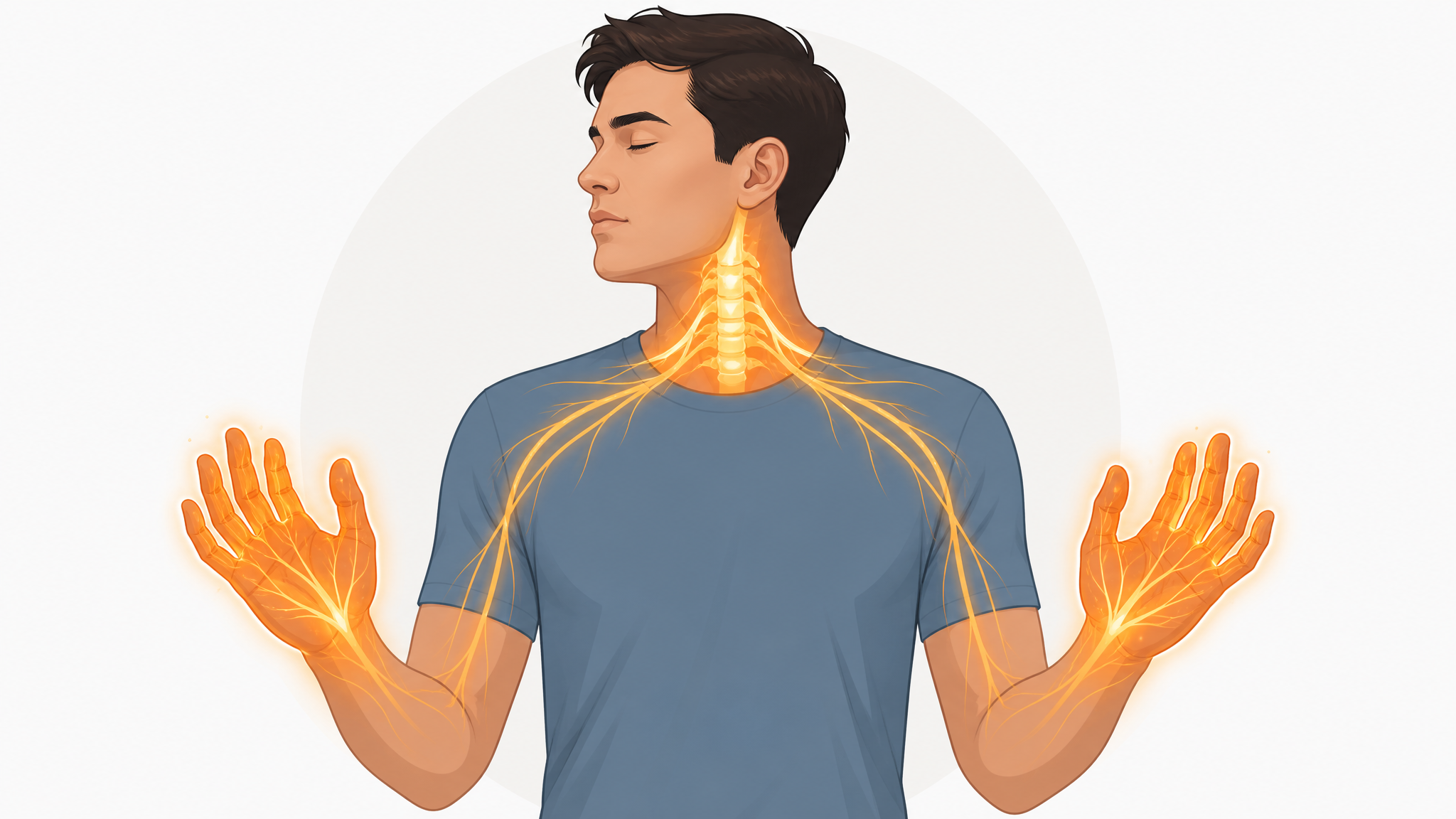 Illustration of a man with both hands glowing amber from nerve involvement originating at the neck, depicting bilateral symptoms of cervical myelopathy