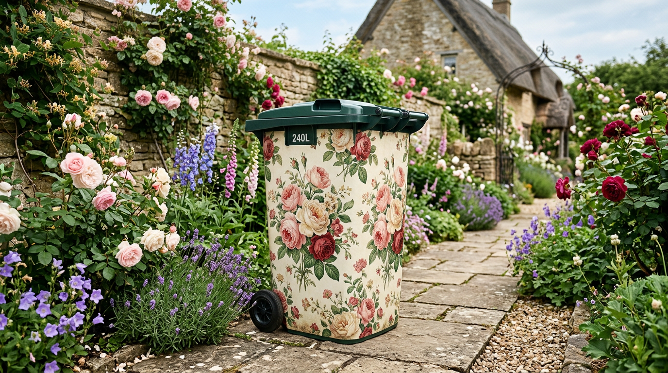 English rose wrapped wheelie bin in cottage garden