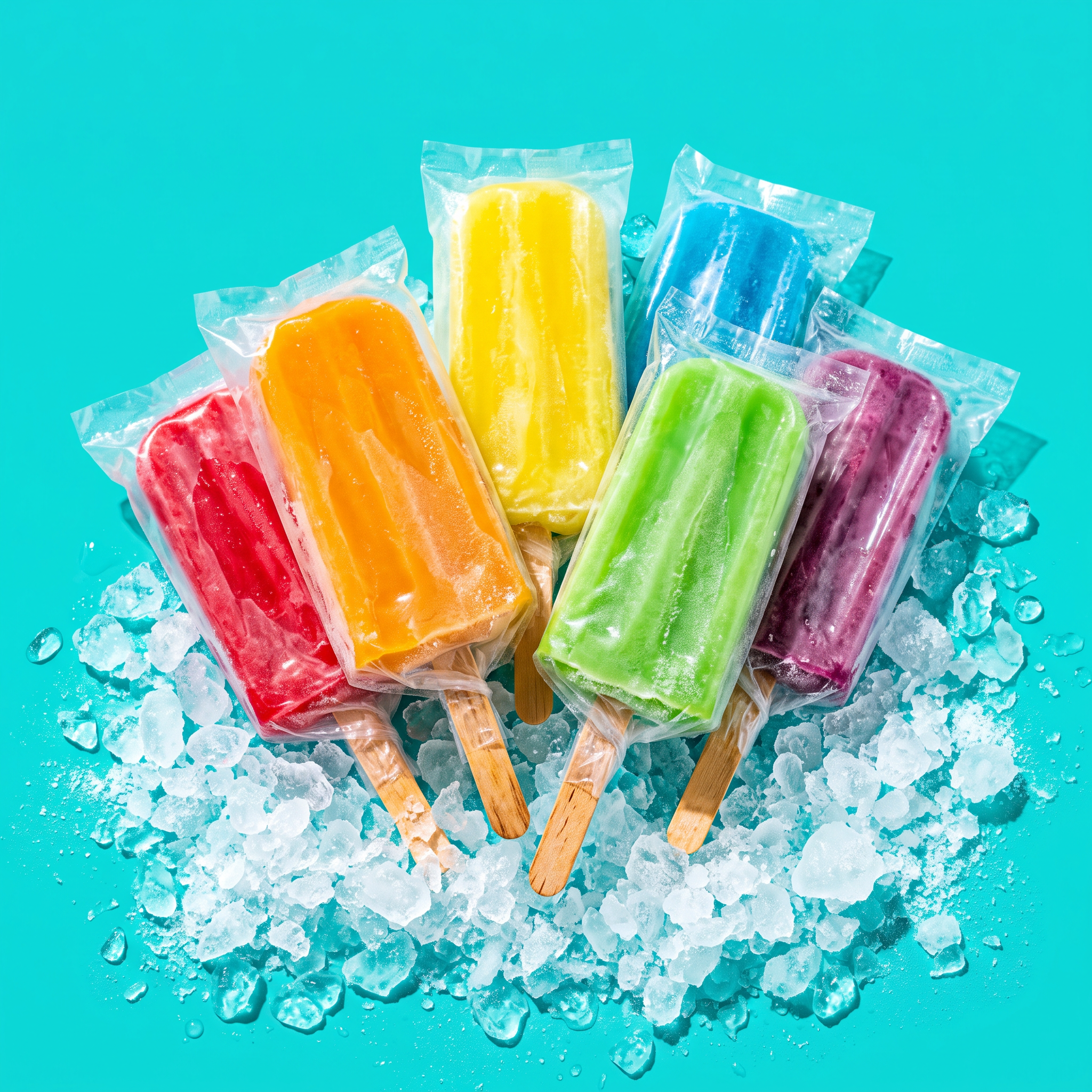 Paletas de hielo de colores sobre fondo turquesa, adelanto de Makumba Ice