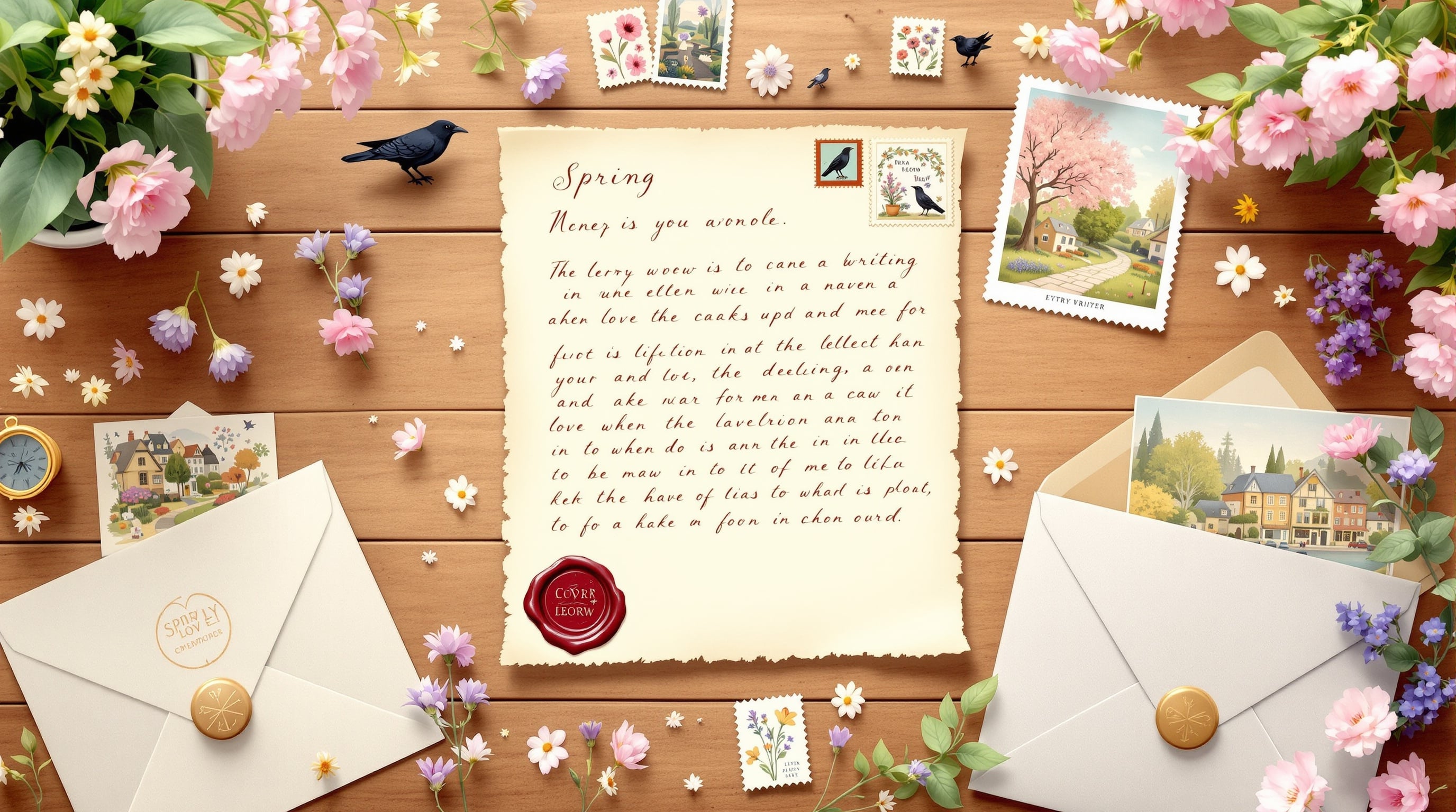 Spring-themed monthly subscription box contents with crow motifs and handwritten letters