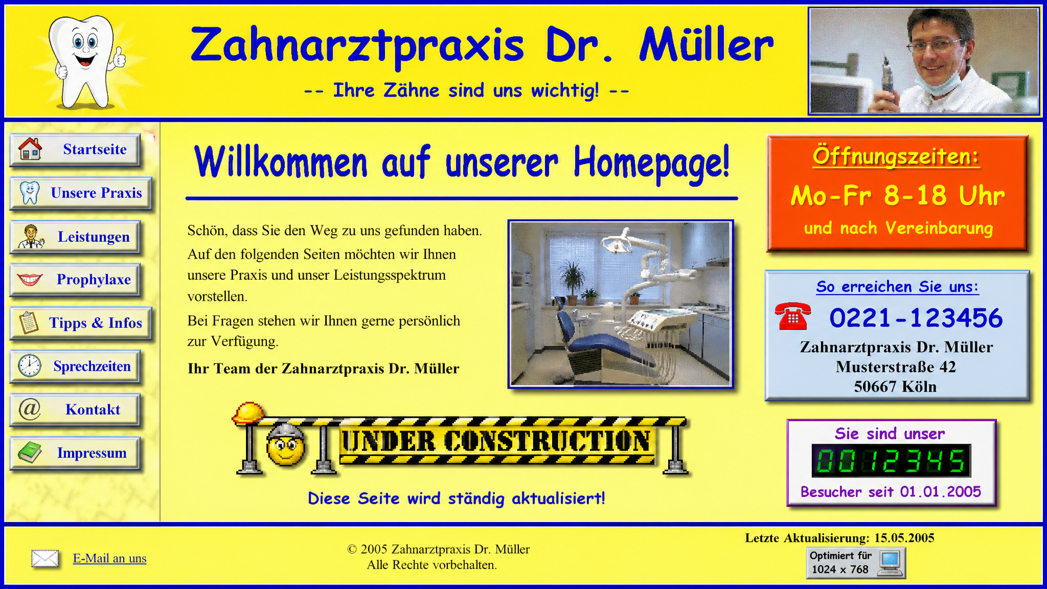 Veraltete, unprofessionelle deutsche Website einer Zahnarztpraxis