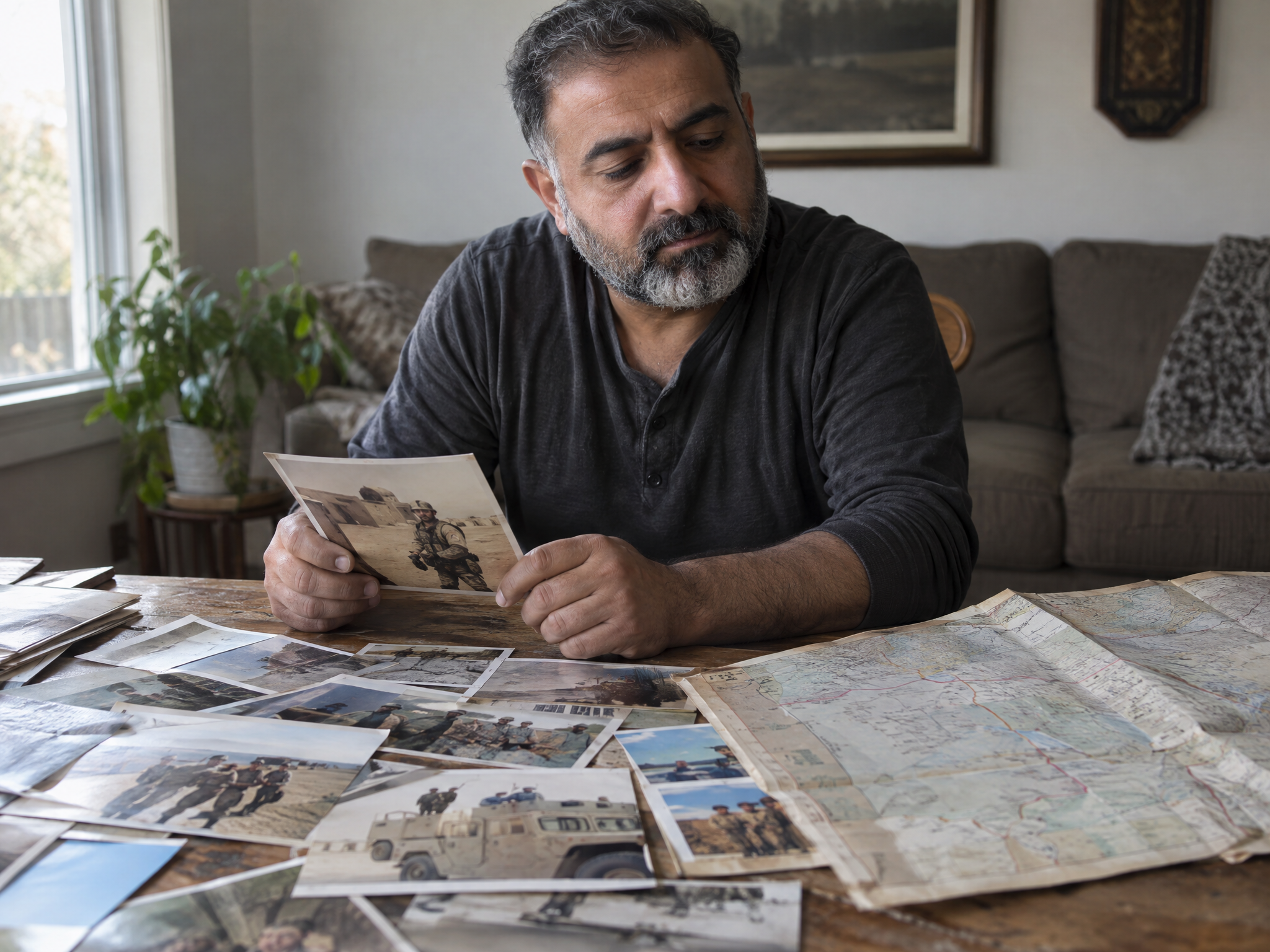 Veteran reviewing deployment-era photos and a map spread across a table