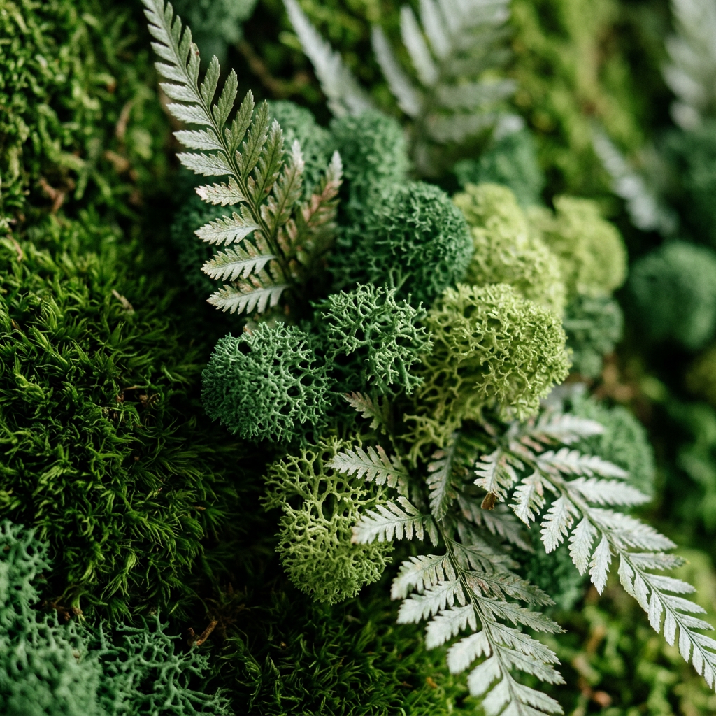 Macro close-up of layered preserved reindeer moss and ferns