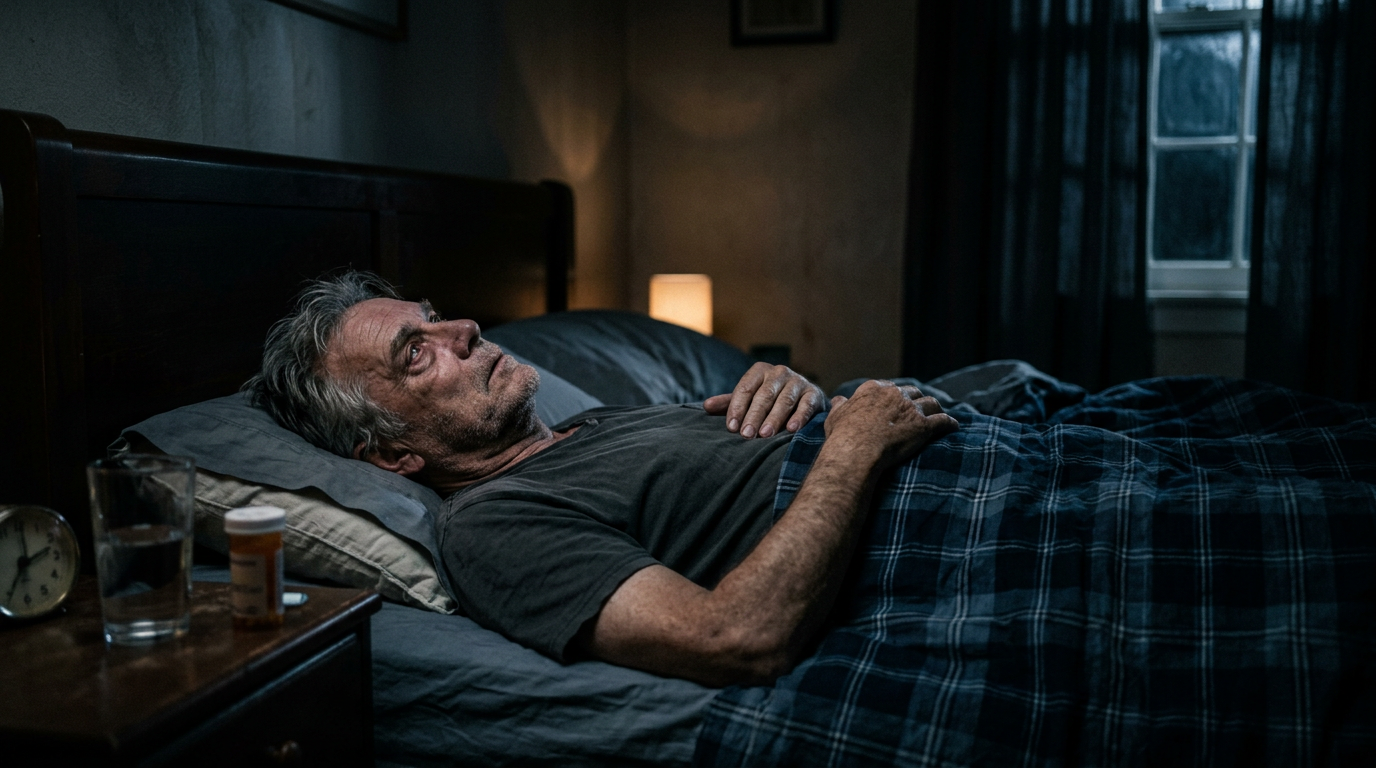 Photograph of a fatigued veteran lying awake in bed at night, unable to sleep