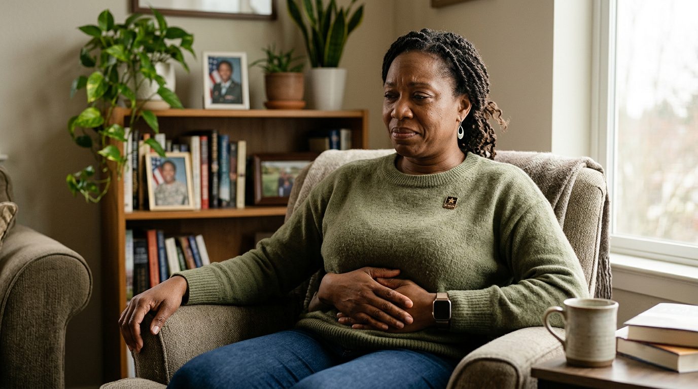 A woman veteran managing chronic pelvic pain from an in-service injury