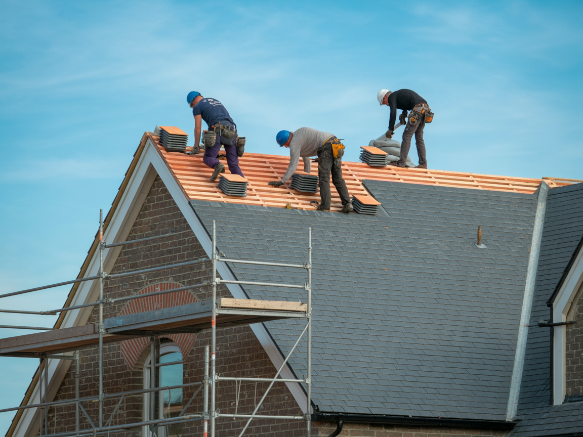 Professional roofers working on a pitched residential roof