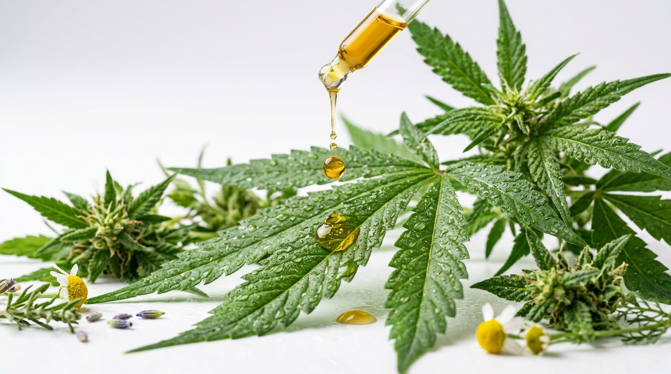 Natural hemp CBD oil extract with botanical hemp leaves showing purity and natural origin