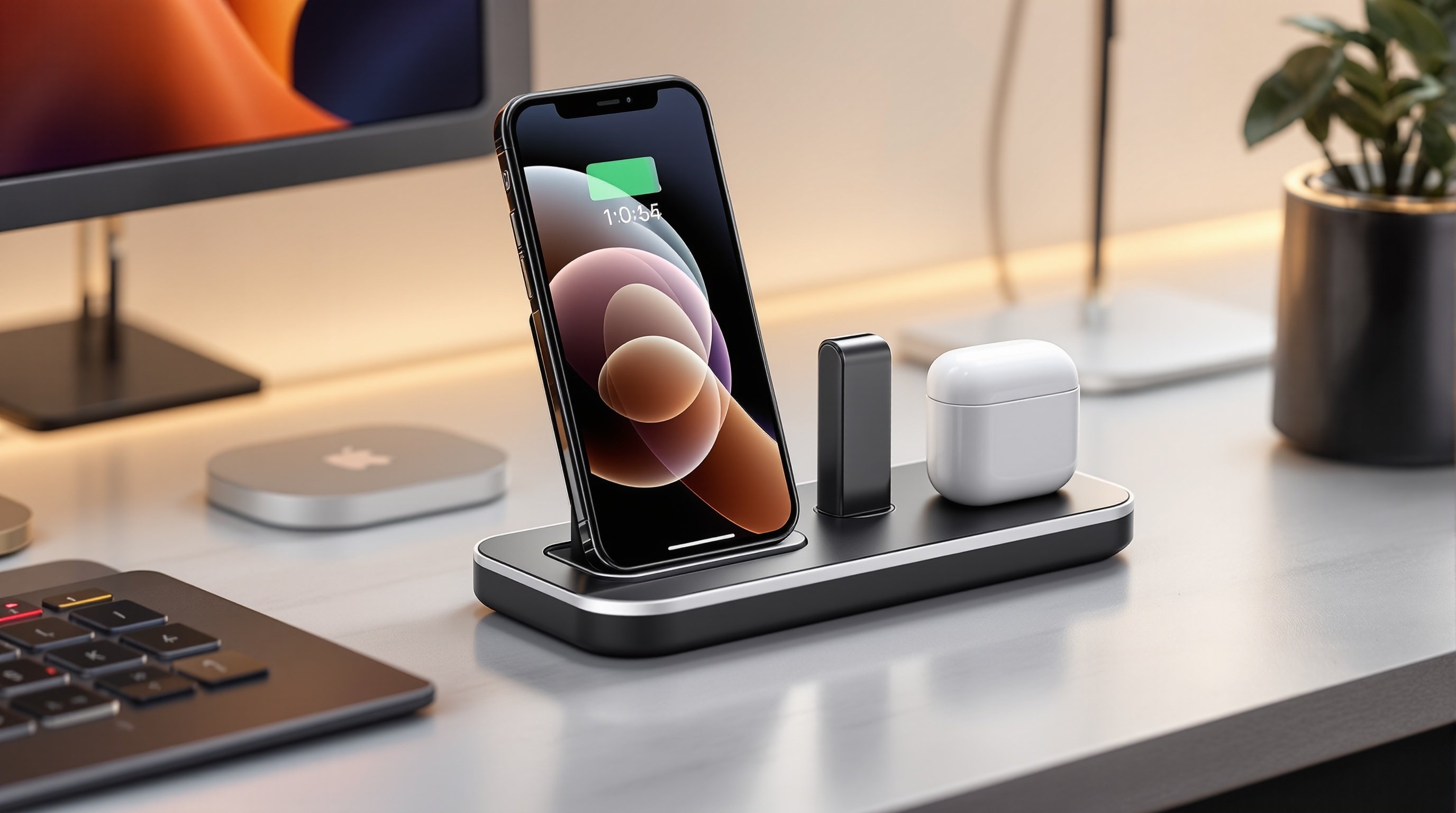 3-in-1 Wireless Charger charging iPhone, Apple Watch and AirPods