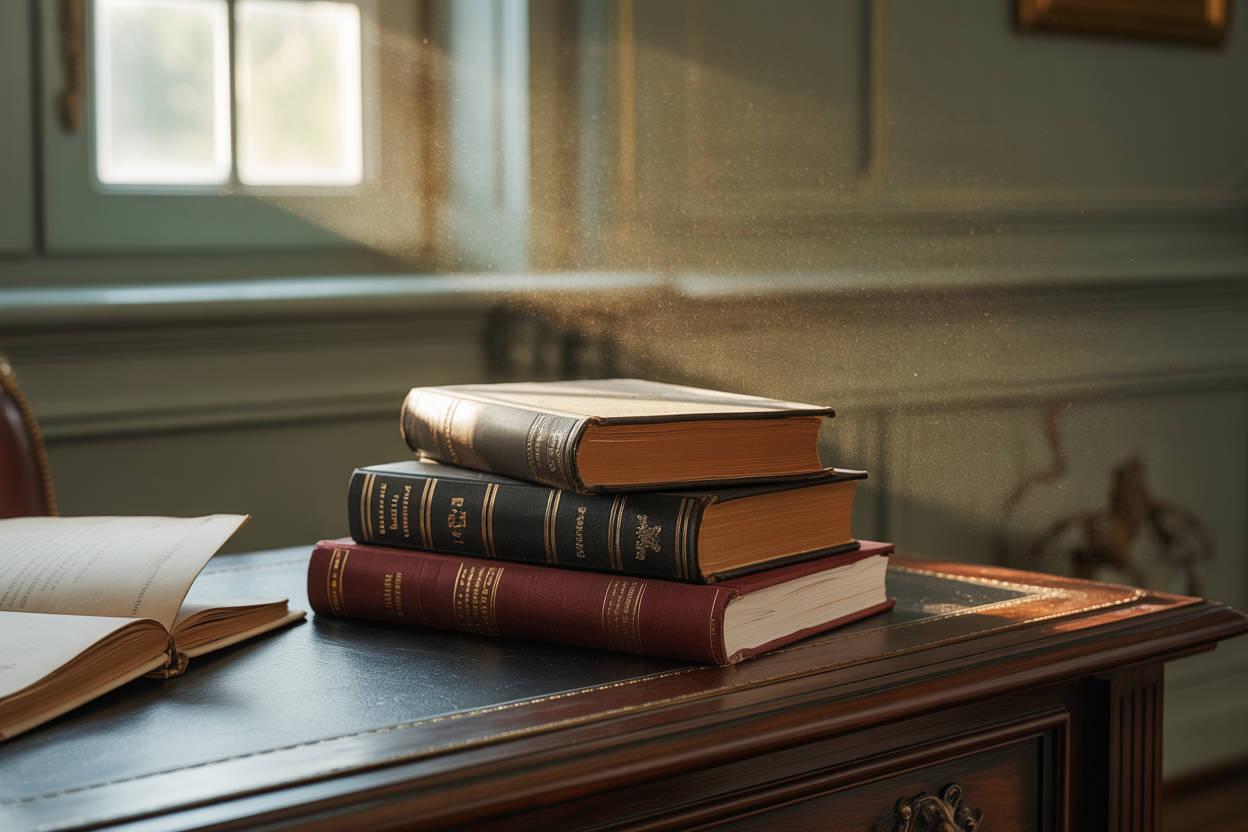 Vintage leather-bound books on a mahogany desk with golden light