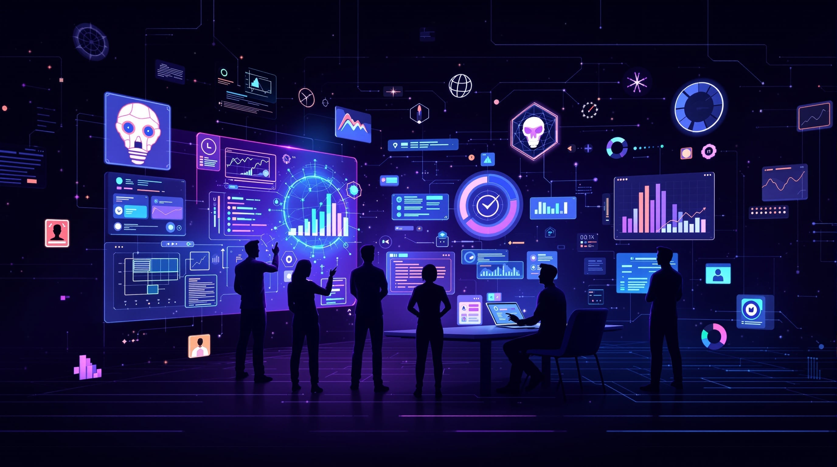 Team working with AI technology and holographic data visualization