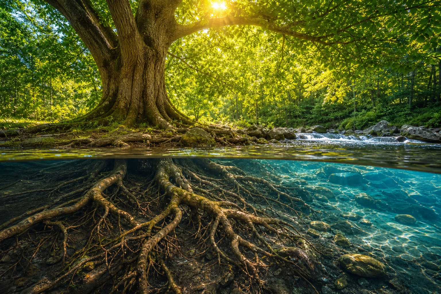 Strong tree with deep roots near a clear stream representing stability and growth