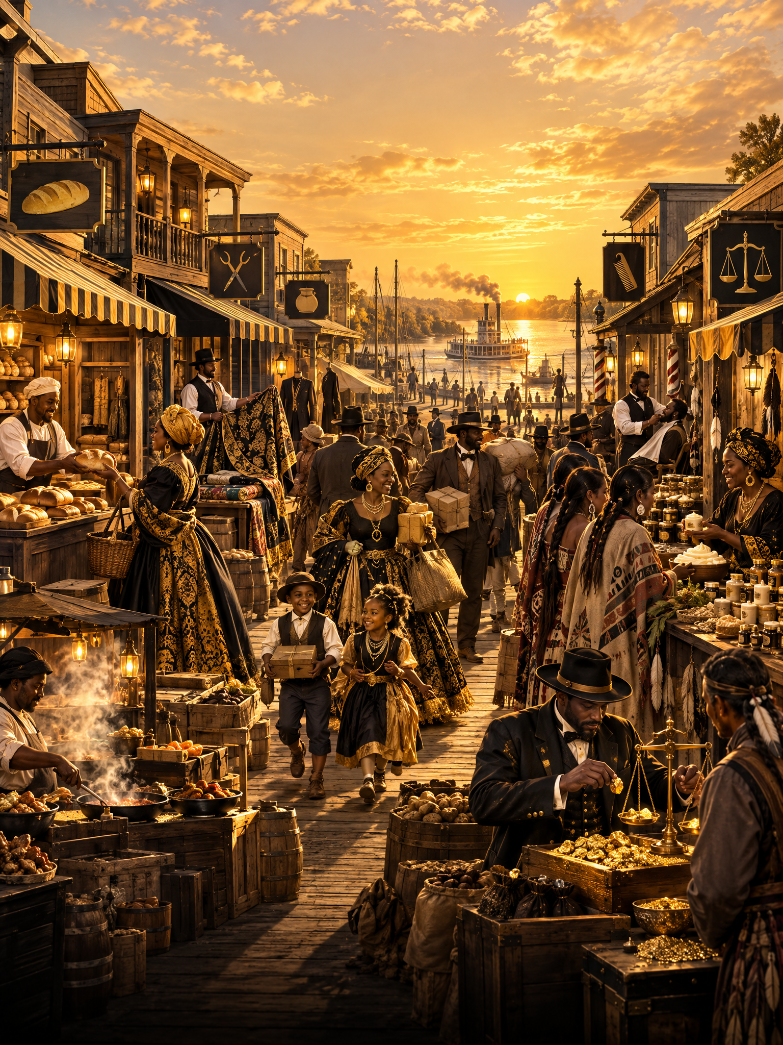 A thriving Gold Rush-era Old Sacramento market street full of Black and Indigenous merchants and shoppers at golden hour