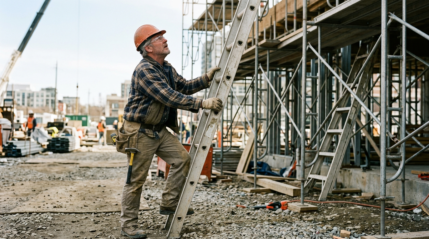 Photograph of a construction worker at the base of a ladder looking up warily, unable to climb