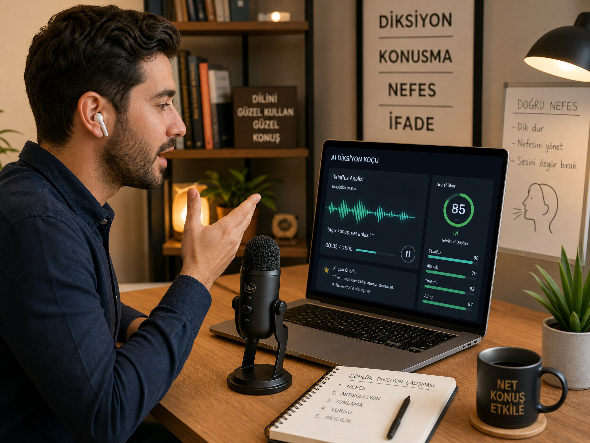 Yapay zeka destekli diksiyon koçluğu ile modern online ders ortamı - laptop, mikrofon ve dijital eğitim uygulaması