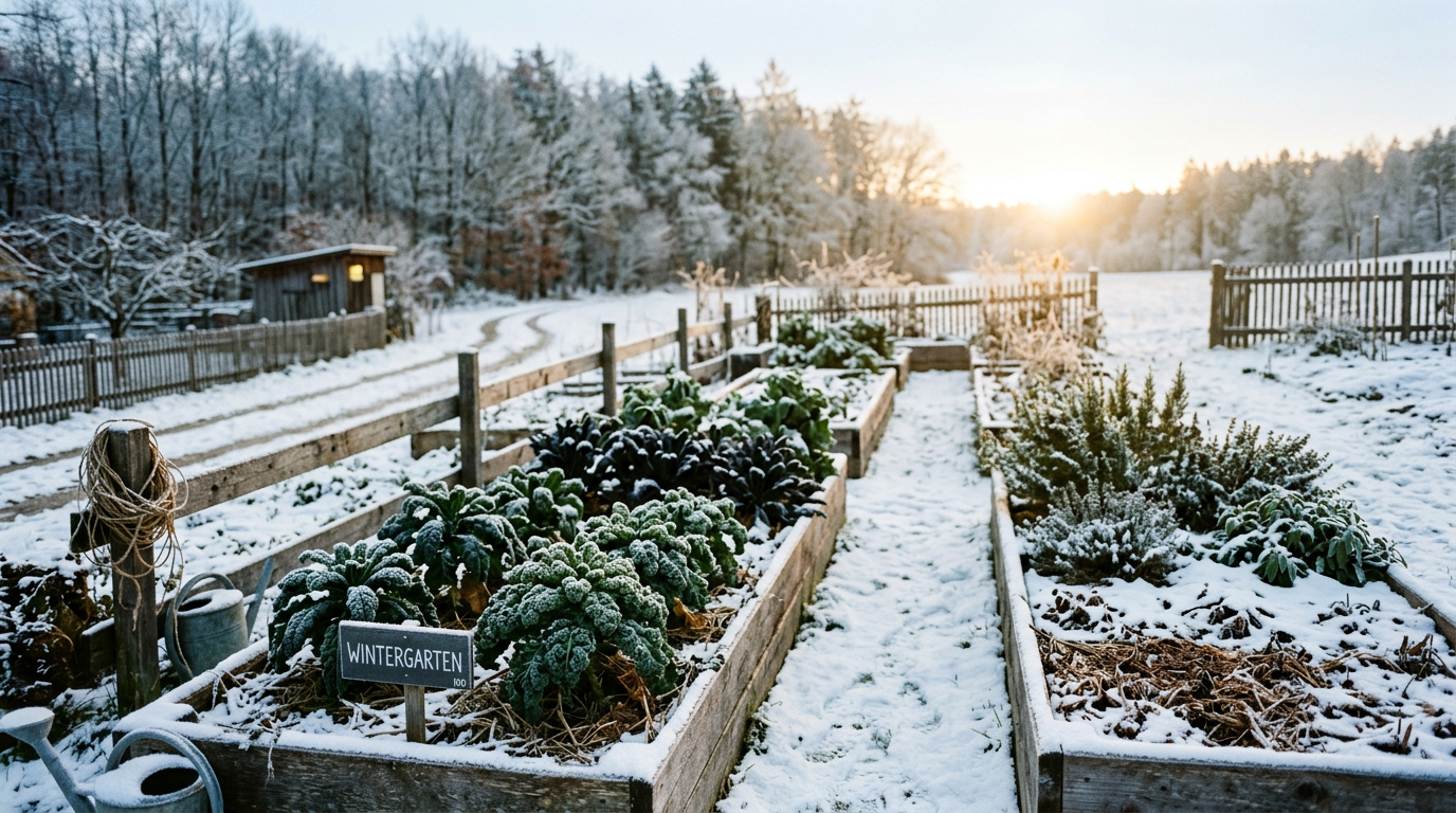 December garden — a winter scene in a temperate Central European vegetable garden