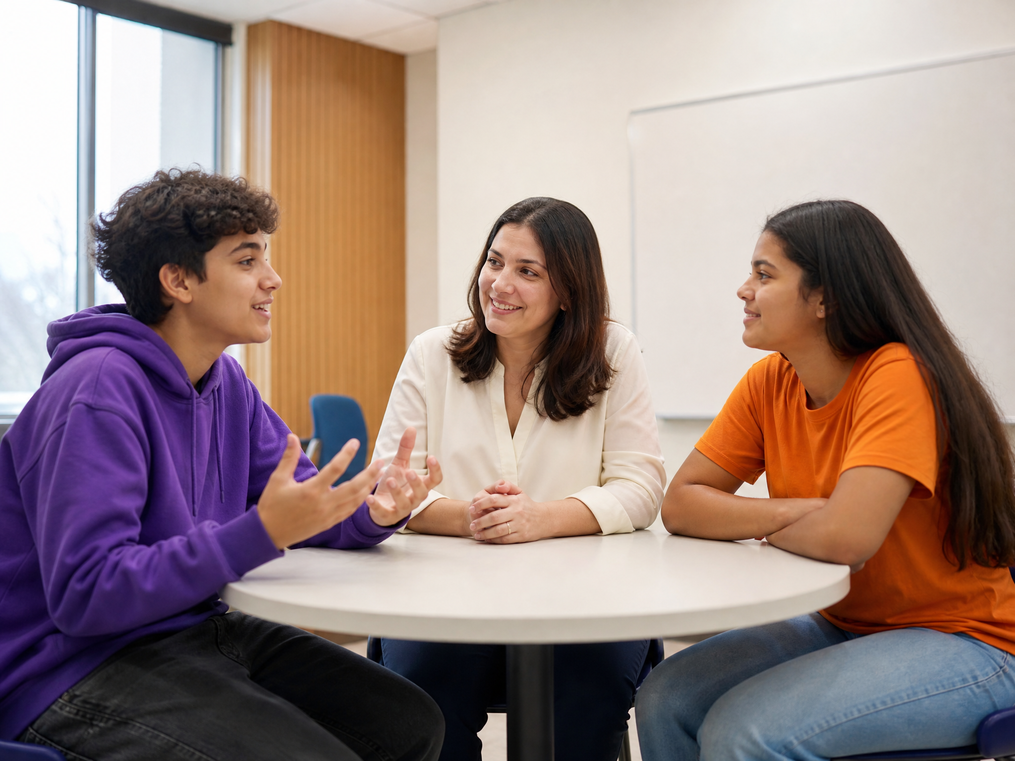 Aula em dupla — dois adolescentes e professor praticando inglês juntos