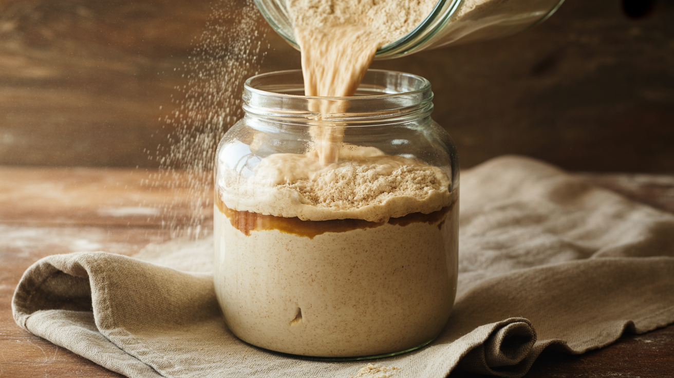 A neglected sourdough starter jar with a layer of grey hooch being rescued with fresh flour and water on a linen cloth