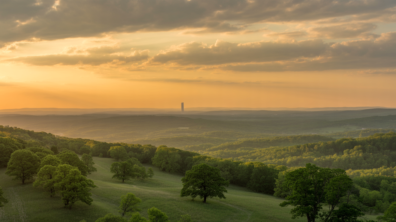Stunning panoramic view of Southwest Missouri Ozark hills at golden hour