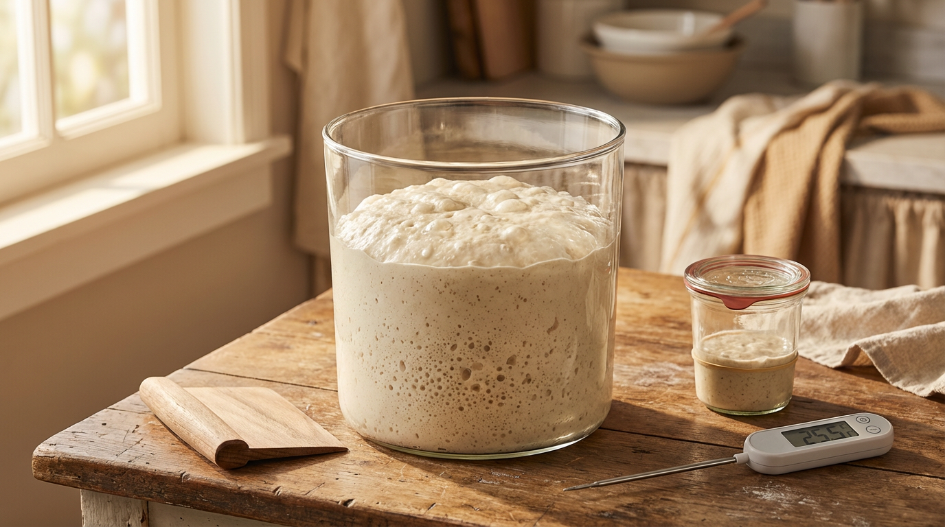 Clear glass fermentation container with domed sourdough dough risen about 75% showing surface bubbles, alongside a wooden bench scraper, rubber-banded starter jar, and digital thermometer on a rustic wooden countertop