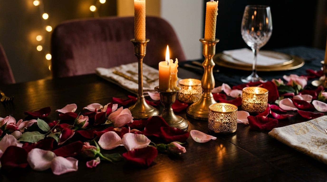 Rose petals on luxury candlelit table