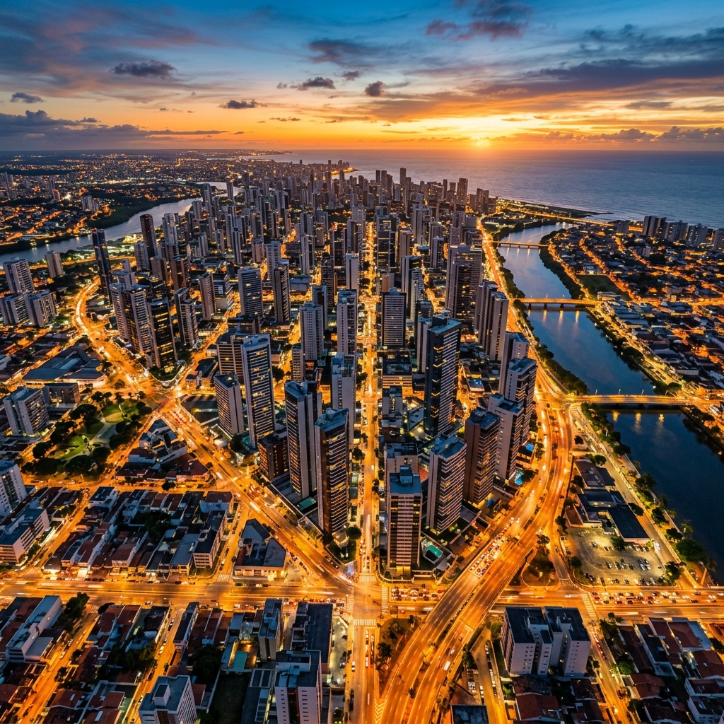 Vista aérea de drone da cidade ao pôr do sol