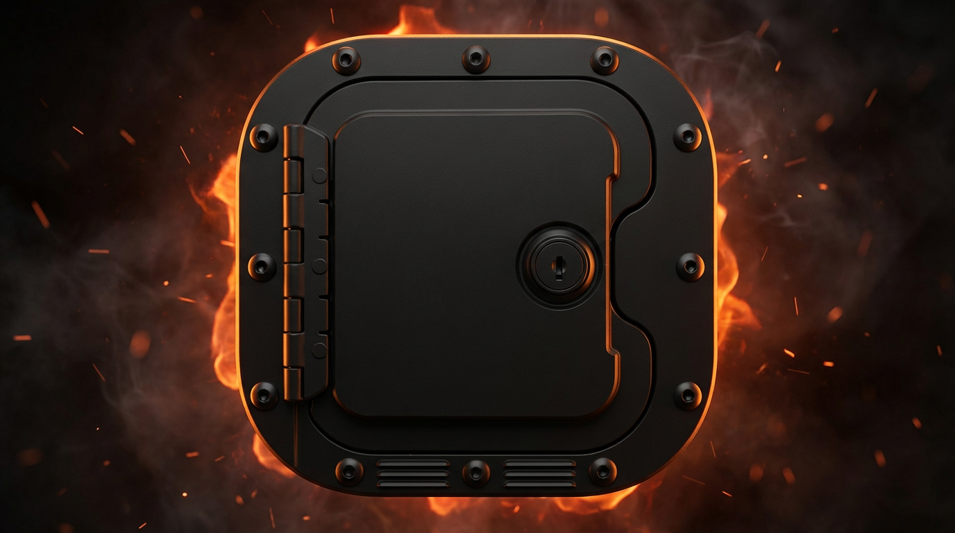 The RV Fuel Vault high-impact composite security shield in tactical black — close-up view