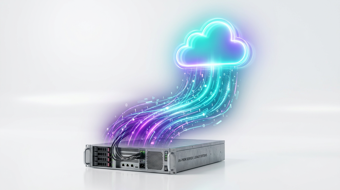 Illustration of practice data moving from an on-premise server up into the cloud