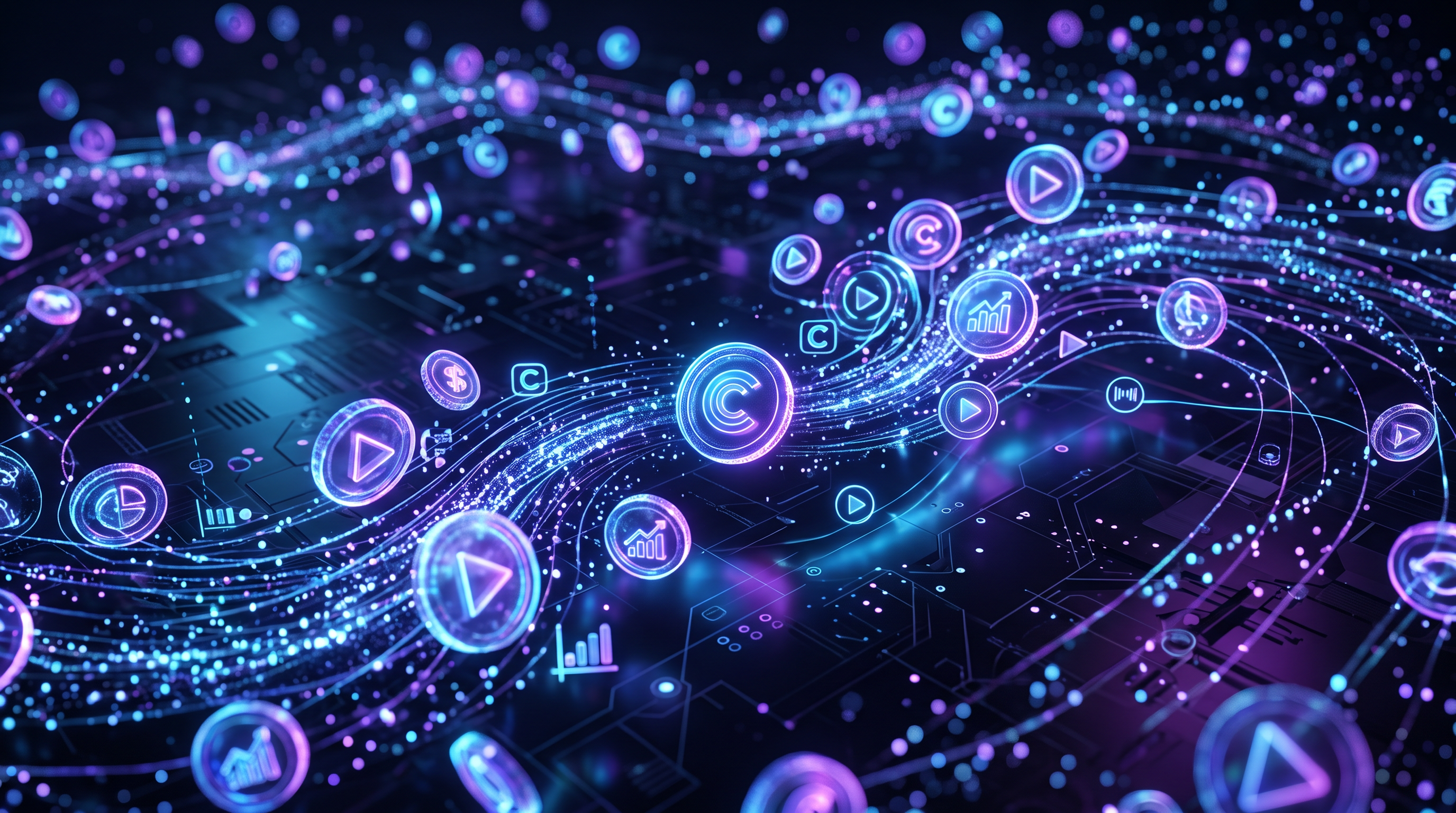 Visualização abstrata de créditos digitais e ícones de streaming em fundo tecnológico