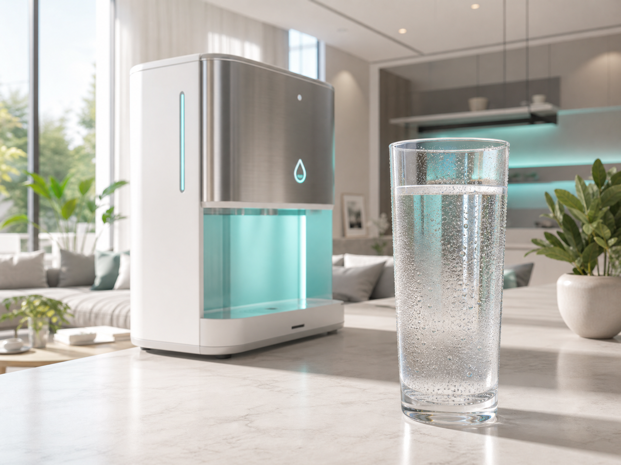 Atmospheric water generator producing pure drinking water in a bright modern home